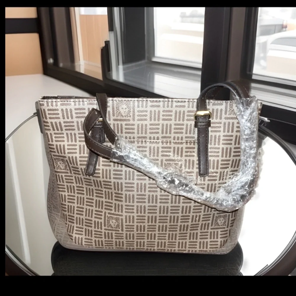 Anne Klein Lion Logo Satchel Shoulder/Handle Khaki/Brown Handbag Purse W/Wallet